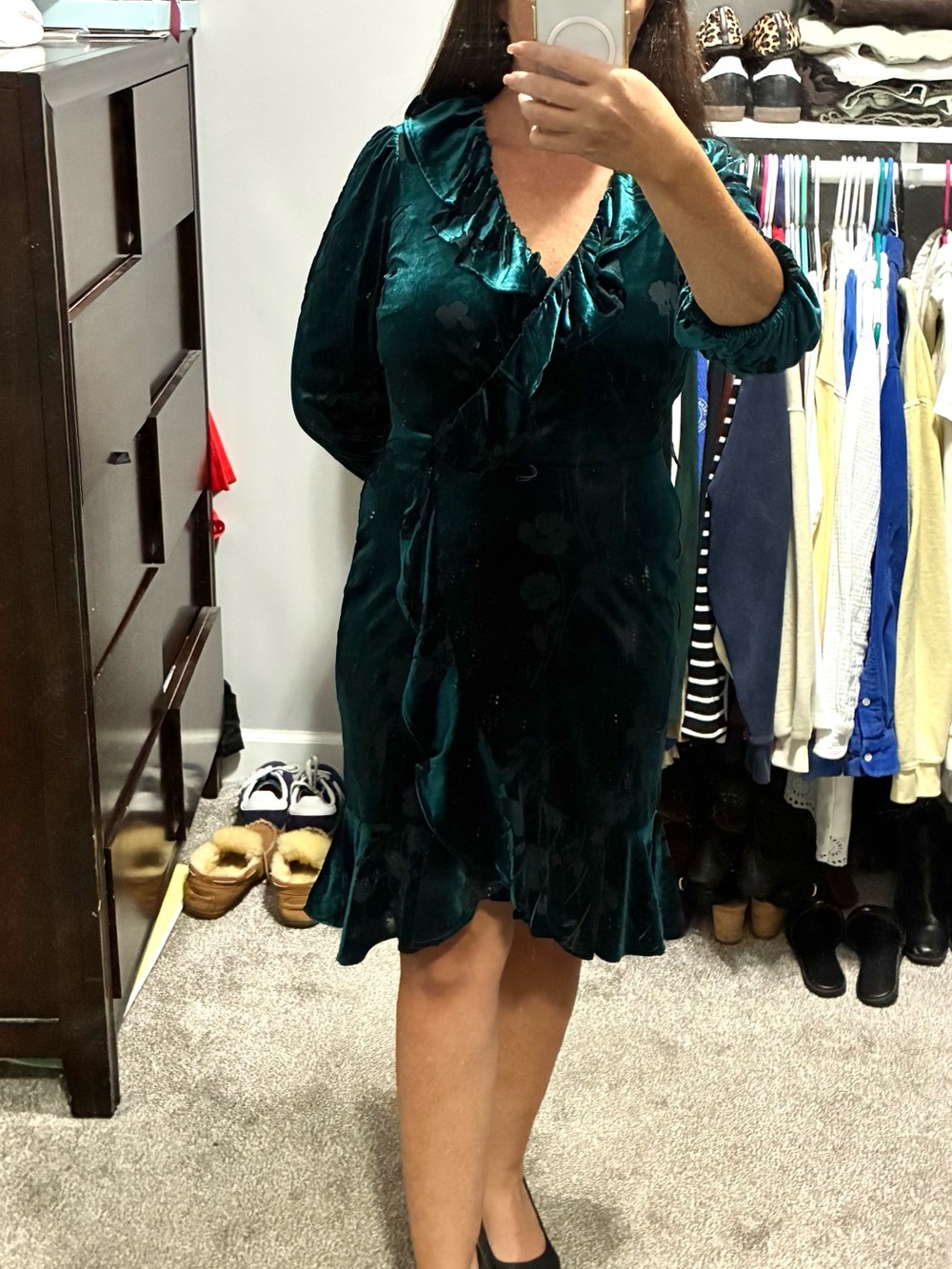 Calvin Klein Emerald Green Velvet Ruffle Wrap Dress